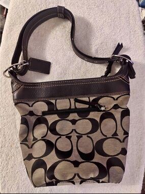 Coach Black and Tan Signature Logo Shoulder Bag